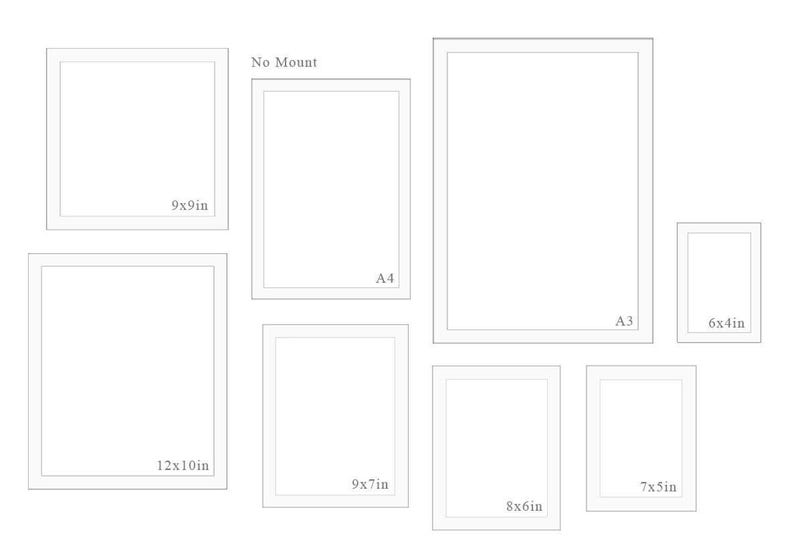 May include: A collection of white picture frames in various sizes, including 9x9in, 12x10in, 9x7in, 8x6in, 7x5in, and 6x4in. One frame is labeled "No Mount" and another "A4". An A3 frame is also present.