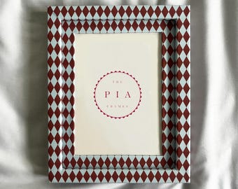 Burgundy & Blue Harlequin Fabric Frame – Hand-Wrapped Picture Frame – Playful Kitchen or Gallery Wall Decor
