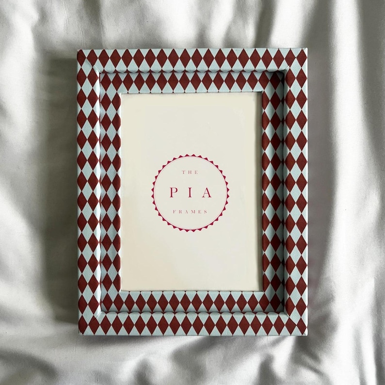 Burgundy & Blue Harlequin Fabric Frame – Hand-Wrapped Picture Frame – Playful Kitchen or Gallery Wall Decor