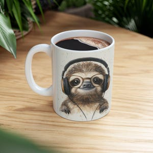 Cute Sloth Lover Mug, Music Sloth Ceramic Mug for Coffee, Cute Gift, Animal Gifts, Sloth Lover Merchandise