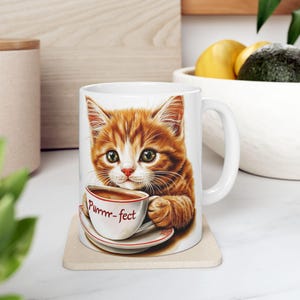 Cute Cat Ceramic Mug, 11oz Coffee Cup for Cat Lovers, Orange Cat, Unique Gift for Birthdays, Animal Lover, Kitchen Decor, Funny Mug