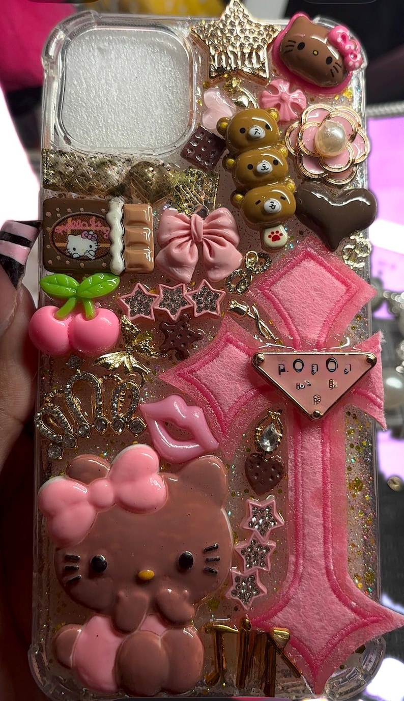 iPhone 14/15+ junktelefoonhoesje| hello kitty-telefoonhoesje | klaar voor verzending | bruin hallo kitty afbeelding 1