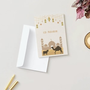 Cartões de Eid al-Adha – PDF para impressão | 8 designs de cartões islâmicos | Download de cartão de Eid muçulmano | Presente digital de Eid para crianças e adultos