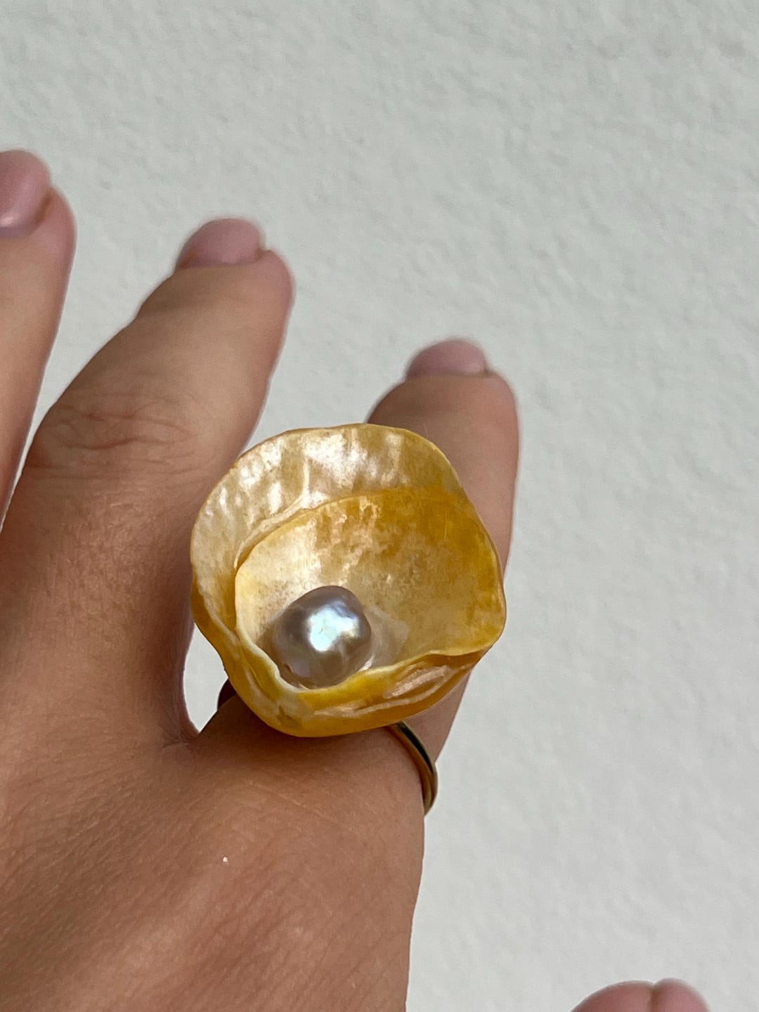 Talimanok Shell Golden Handmade Shell and Pearl Ring: Adjustable Ocean Oyster Ring ...