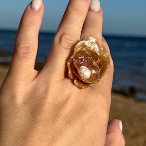 Handmade Shell Ring: Golden Shell, Freshwater Pearl, Beach Boho Jewelry, Ocean Talisman, Adjustable