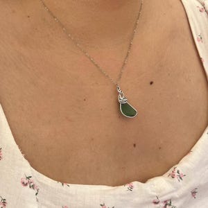 Green Sea Glass Necklace: Wire Wrapped Pendant, Coastal Jewelry