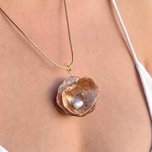 Ocean Bloom Seashell Golden Necklace with Pearl – Layered Shell Pendant, Coastal Jewelry | Mermaid | Natural Shell Necklace Fall Jewelry