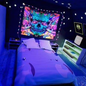 Psychedelic Skull Tapestry | Trippy Wall Art | UV Blacklight Reactive Decor | Rave Room Decoration | Festival Glow Tapestry