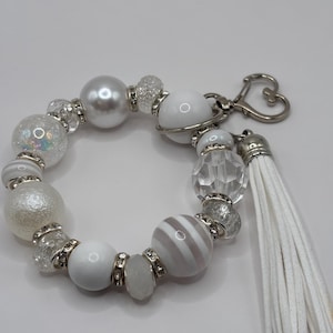 White Beaded Keychain Wristlet: Pearl, Rhinestone, Heart Clasp