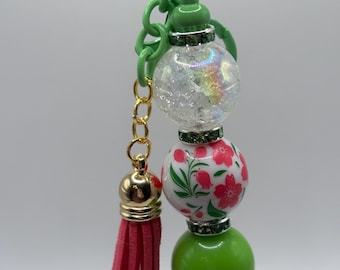 Spring Blossom Beaded Keychain with Tassel Green & Floral Bead Charm Accessory