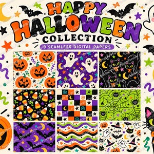 May include: A digital paper collection titled Happy Halloween Collection featuring 9 seamless patterns with pumpkins, ghosts, black cats, bats, spiders, candy corn, and stars in orange, purple, green, and black colors on a cream background.