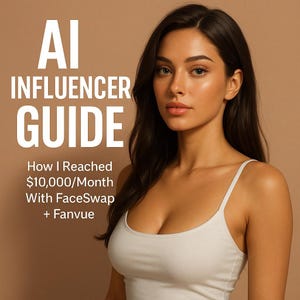 Peut inclure: Une femme aux longs cheveux noirs portant un débardeur blanc. Le texte "AI INFLUENCER GUIDE How I Reached $10,000/Month With FaceSwap + Fanvue" est affiché sur un fond brun clair.