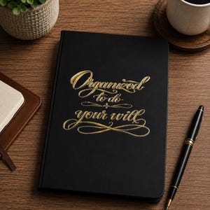 May include: A black hardcover notebook with gold foil lettering on the front cover that reads Organized to do your will in a decorative script font. The notebook is rectangular with rounded corners and a smooth, matte finish on the cover surface.