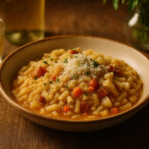 AUTÉNTICA RECETA ITALIANA Pasta e Patate con la Provola, Pasta napolitana con patatas y provolone ahumado, sureña, Tarjeta de receta imprimible