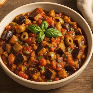 AUTÉNTICA RECETA ITALIANA: Caponata Siciliana, estofado agridulce de berenjenas sicilianas, Sicilia, sur de Italia, tarjeta digital imprimible.