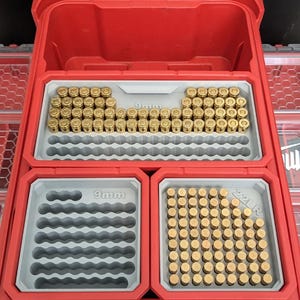 May include: A red plastic storage case with an open lid containing three grey modular inserts. The top insert holds 9mm cartridges, the bottom left is an empty 9mm organizer, and the bottom right holds .22LR cartridges in a grid pattern.
