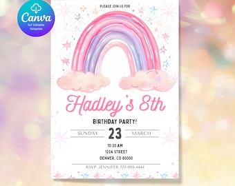 Rainbow Birthday Party Invitation, Editable Rainbow Birthday Invite, Rainbow Digital Party Invite, Rainbow Invitation Girls, Canva Template