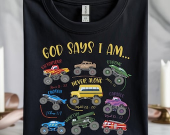 God Says I Am PNG, Christian Kids PNG, Bible Verse Kids png, Affirmation png, Monster Truck PNG, Boy Shirt Design, Sunday School png