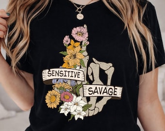 Floral Skeleton PNG, Skeleton PNG, Goth Shirt Design, Sensitive But Savage PNG, Trendy Sublimation Download