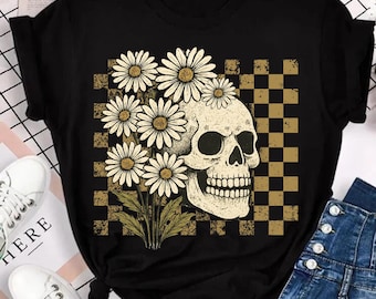 Retro Floral Skeleton PNG: Grunge Daisy Skull Sublimation Design