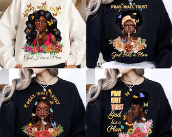 4 PNG Pray Wait Trust God Has a Plan Bundle | Christian Inspirational Black Woman Clipart | Faith Sublimation Design Set