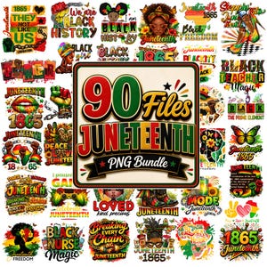 Può includere: Una collezione di file PNG a tema Juneteenth. L'immagine presenta vari design con testi come "Black History", "1865" e "Juneteenth". La tavolozza dei colori include rosso, verde, giallo e nero, con illustrazioni di figure nere e simboli di libertà.