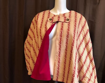 Pelerine - capa reversible para hombros - tejidos 100% algodón - franela de gamuza roja y tejido floral con botones de metal - bolero, chal, corto