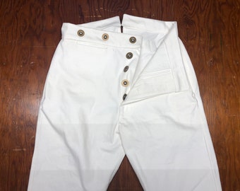 Button fly, white twill, fishtail back trousers - 31" waist - old fashioned, living history, reenacting, bounding, 1850's / antebellum
