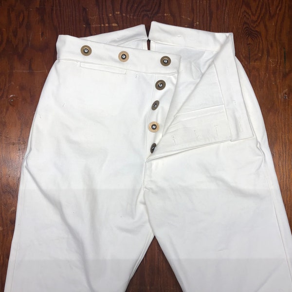 Button fly, white twill, fishtail back trousers - 31" waist - old fashioned, living history, reenacting, bounding, 1850's / antebellum