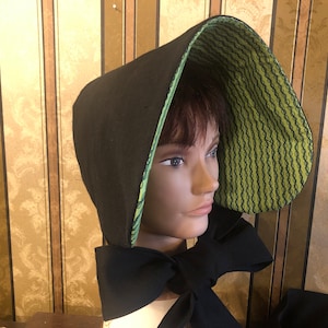 Bonnet - Black Linen - Stiffened with buckram and wire - 47&quot; long ties - Civil War, prairie, old fashioned, Dickens, bounding, Victorian