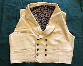 Sz 44 double breasted linen/cotton waistcoat - 3 pockets, wooden buttons - historic Victorian vest; reenacting old west / saloon, bounding