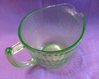 Water or iced tea pitcher-  Vaseline glass - 5.5" tall - Glowing Uranium  - hex optic patern #12 - green