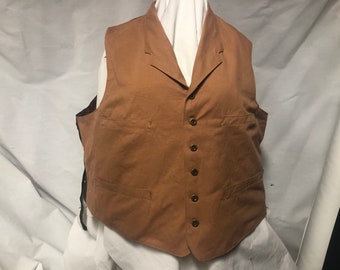 Size 50 brushed tan/brown, notched collar vest/waistcoat -  4 pockets - Civil War/Victorian reenactment - metal buttons - reenacting