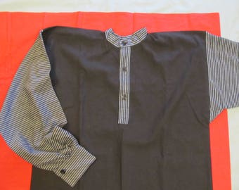 15" Neck - Blue stripe and black homespun cotton memory shirt - Band collar - Black Japanned buttons - Gussets under arms - Civil War