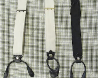 Braces / Suspenders, button on style - one size fits most - natural or black cotton canvas -  two prong buckles - leather tabs - Historic