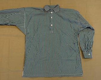 May include: A long-sleeved shirt with vertical stripes in dark green and white. The shirt has a collared neckline with three buttons and buttoned cuffs. The fabric appears to be a lightweight material.