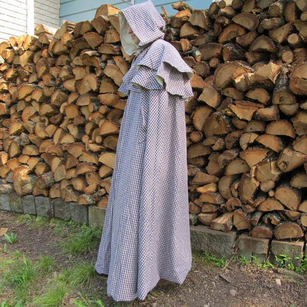 Hooded cape - blue, white and red cotton/linen plaid - one size fits most - 56" long - fully lined - Civil War / Colonial reenactment