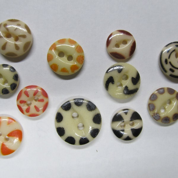 Porcelain / China lot of 6 buttons - reproduction - 1/2", 5/8", 11/16" - orange, brown, grey and black - Victorian sewing and crafting