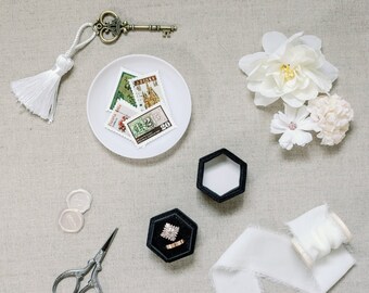 Wedding Flat Lay Styling Kit for Photographers Props, Black Velvet Ring Box, White Ring Dish Tray, Vintage Stamps, Silk Ribbon, Scissors