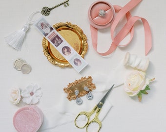 Wedding Flat Lay Styling Kit for Photographers Props, Pink Velvet Ring Box, Gold Ring Dish Tray, Vintage Stamps, Silk Ribbon, Scissors