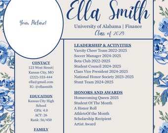 Blue Floral Resume - Perfect for Rush!