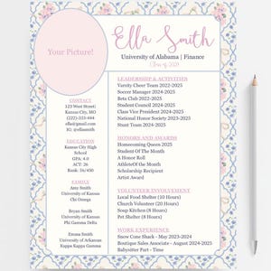 May include: A resume template with a floral design border and a pink circle for a photo. The resume includes sections for contact information, education, family, leadership, honors, volunteer work, and work experience. A pencil rests on the right side.