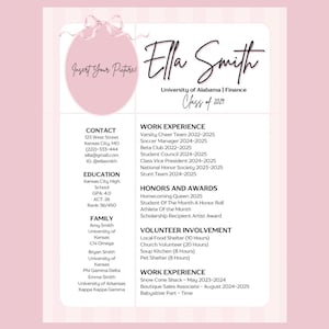 Può includere: Un modello di curriculum vitae rosa con il nome "Ella Smith" in elegante corsivo. Il documento include sezioni per informazioni di contatto, istruzione, esperienza lavorativa, onorificenze, premi, volontariato e dettagli familiari. È presente anche il testo "Insert Your Picture".