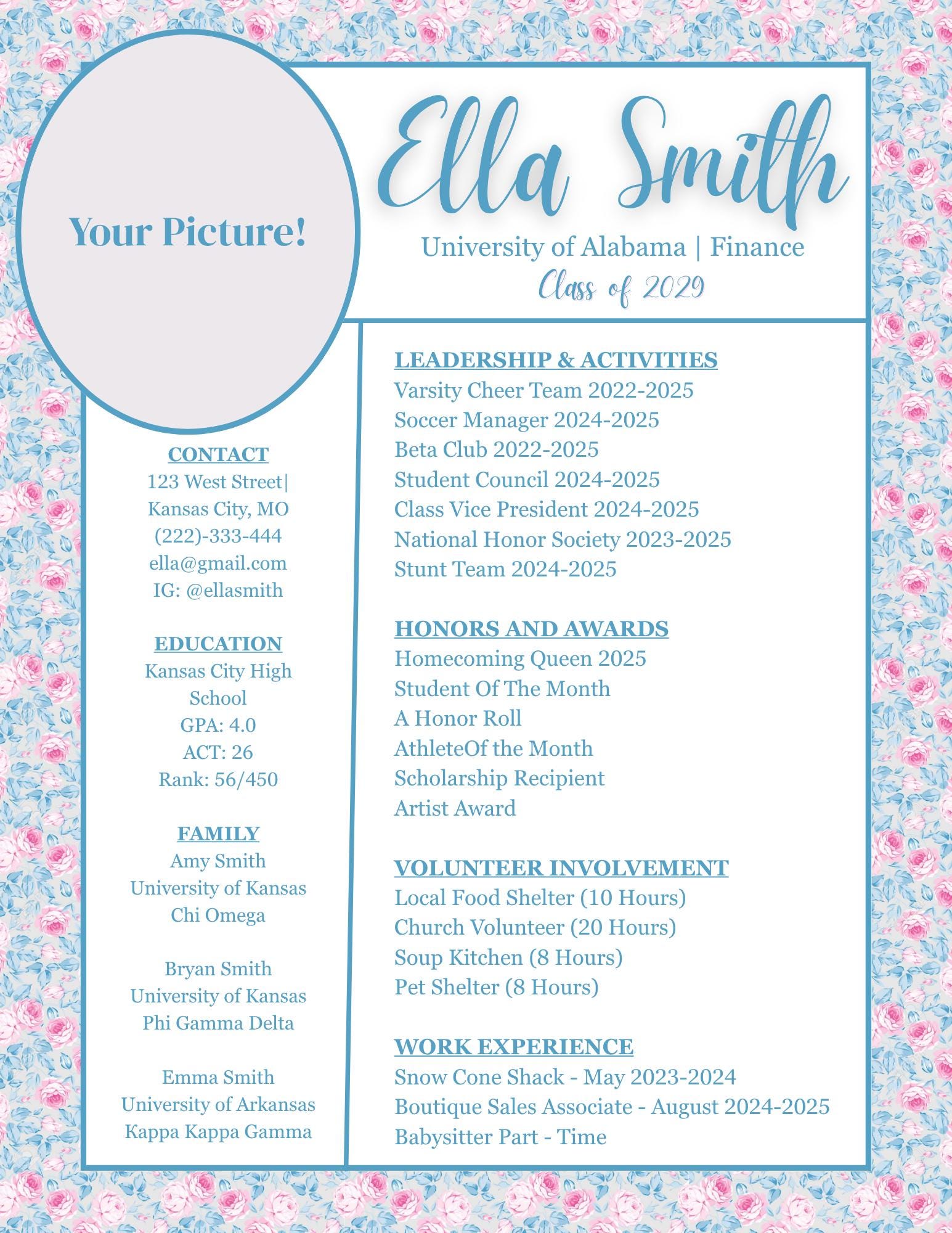 Teal and Pink Floral Resume - Perfect for Rush!