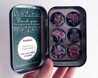 Botanical Magnet Set on Black Background- Gift Set for Women- Glass Refrigerator Magnets- Art Nouveau Style Floral Art