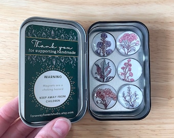 Botanical Magnet Set on White Background- Gift Set for Women- Glass Refrigerator Magnets- Art Nouveau Style Floral Art