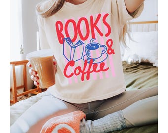 Comfort Colors® Women's Boxy Tee, Books and Coffee Cropped Shirt, Book Shirt, Gift for Book Lover, Bookish TShirt, Reading Shirt
