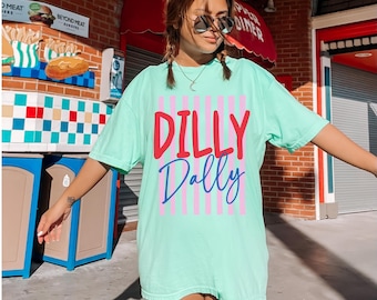 Comfort Colors® Dilly Dally Shirt, Colorful Stripe Tee, Trendy Tshirt, Preppy Girly Design, Spring Summer, Funny Shirts,