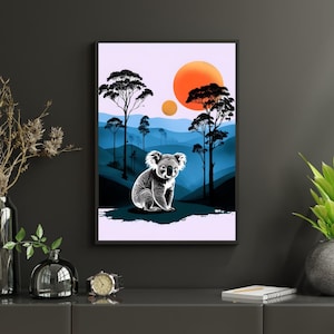 Lámina artística de koala: paisaje surrealista de la fauna australiana, decoración de pared vibrante, póster de atardecer en un bosque de eucaliptos, regalo para amantes de la naturaleza