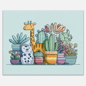 Giraffe und Katze Kinderzimmer Wandbild - Süßes Tier Leinwanddruck mit Kaktus Pflanzen - Babyzimmer Dekor - Pastell Botanische Kinder Wandposter